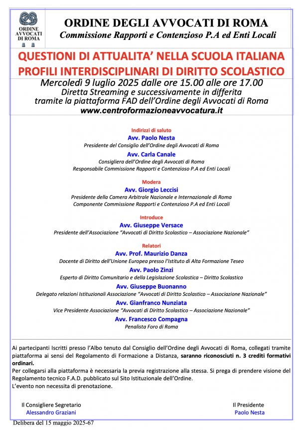 CONCLUSO L&#039;EVENTO &quot;QUESTIONI DI ATTUALITÀ NELLA SCUOLA ITALIANA - PROFILI INTERDISCIPLINARI DI DIRITTO SCOLASTICO&quot;