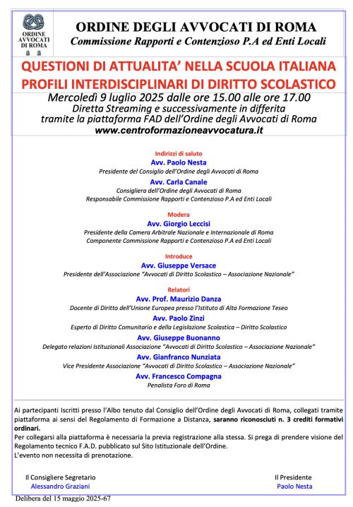 CONCLUSO L'EVENTO "QUESTIONI DI ATTUALITÀ NELLA SCUOLA ITALIANA - PROFILI INTERDISCIPLINARI DI DIRITTO SCOLASTICO"